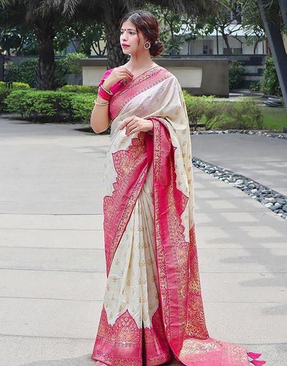 Off White &amp; Pink Soft Lichi Silk With Zari Weaving Saree