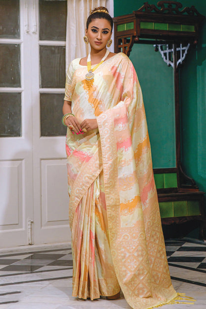 Light Yellow Soft Silk Saree With Weaving