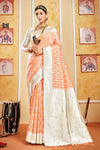 Peach Cotton Saree With Lucknowi Weaving Work