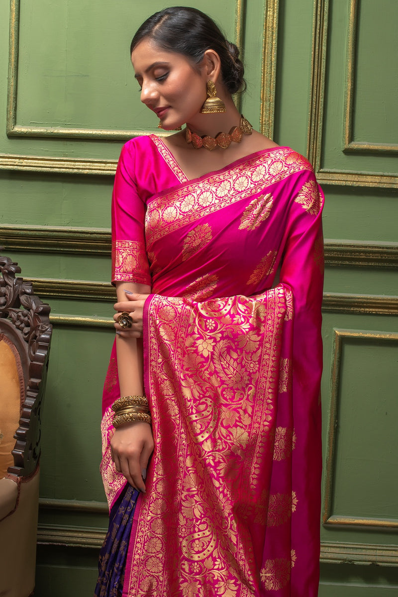 Pink & Purple Banarasi Silk Saree With Zari Weaving Work – Bahuji ...