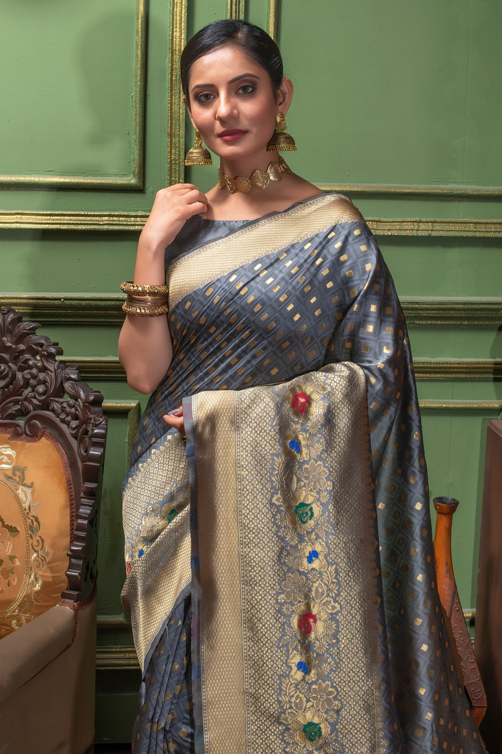 Grey Banarasi Silk Saree With Zari Weaving Work