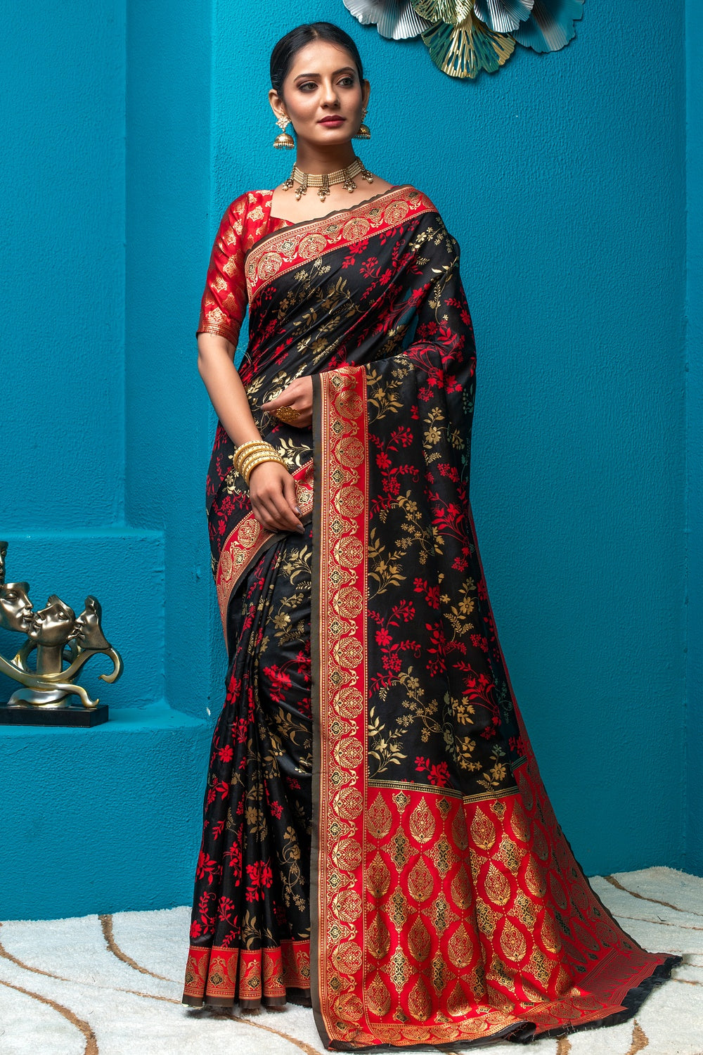 Black &amp; Red Banarasi Silk Saree With Zari Weaving Work