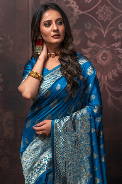 Blue Banarasi Silk Saree With Zari Weaving Work