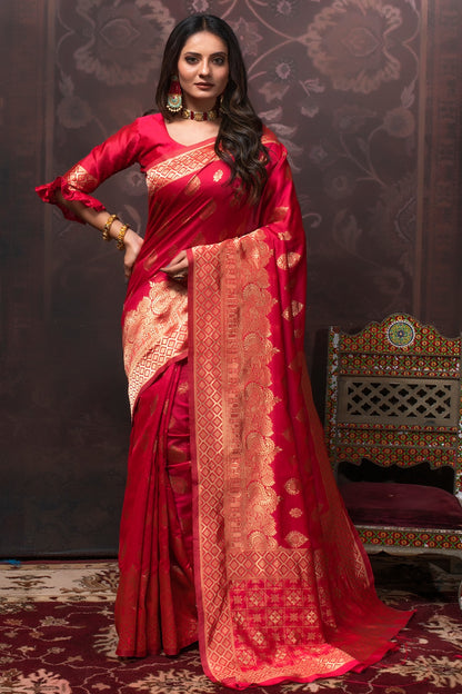 Dark Pink Banarasi Silk Saree With Zari Weaving Work
