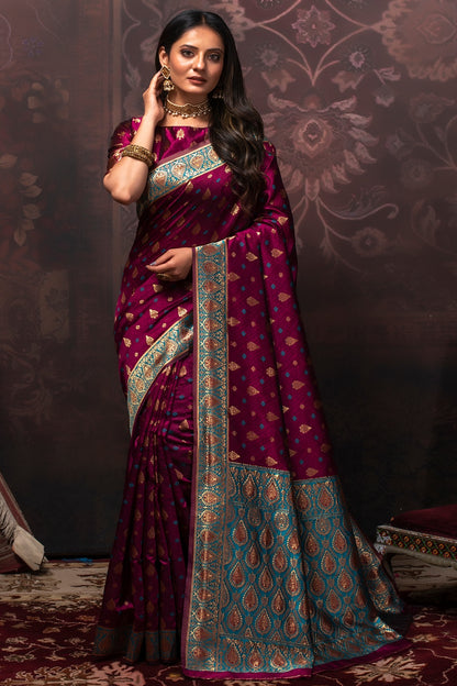 Mulberry Purple Banarasi Silk Saree With Zari Weaving Work