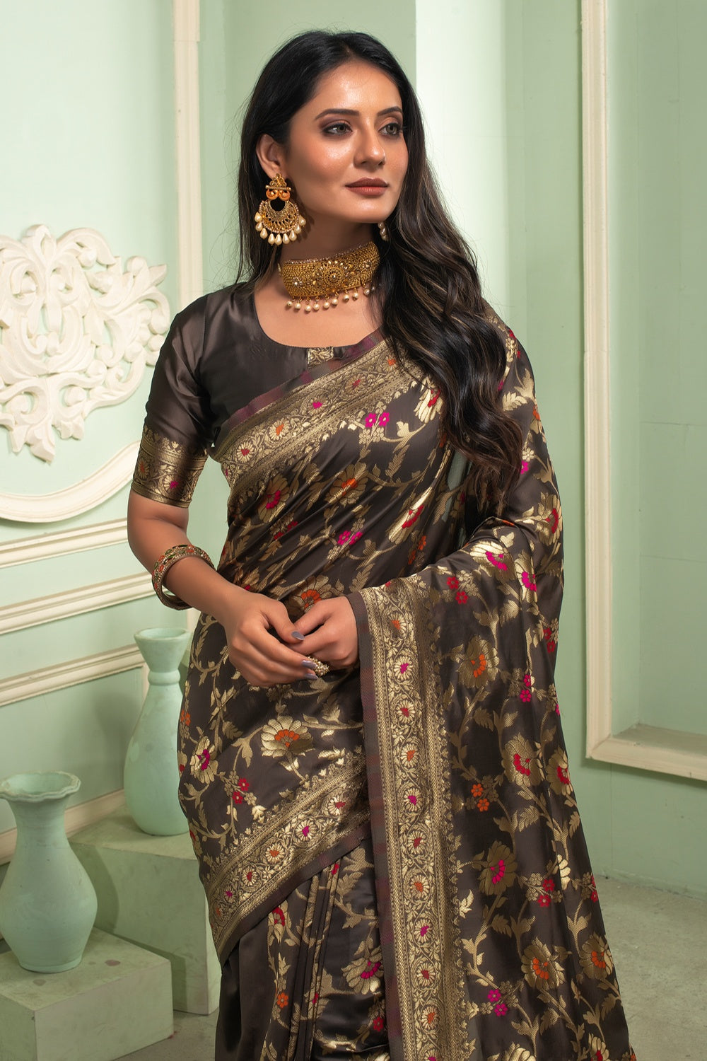 Dark Gray Banarasi Silk Saree With Zari Weaving Work