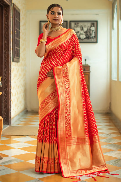 Rose Red Banarasi Silk Saree With Zari Weaving Work