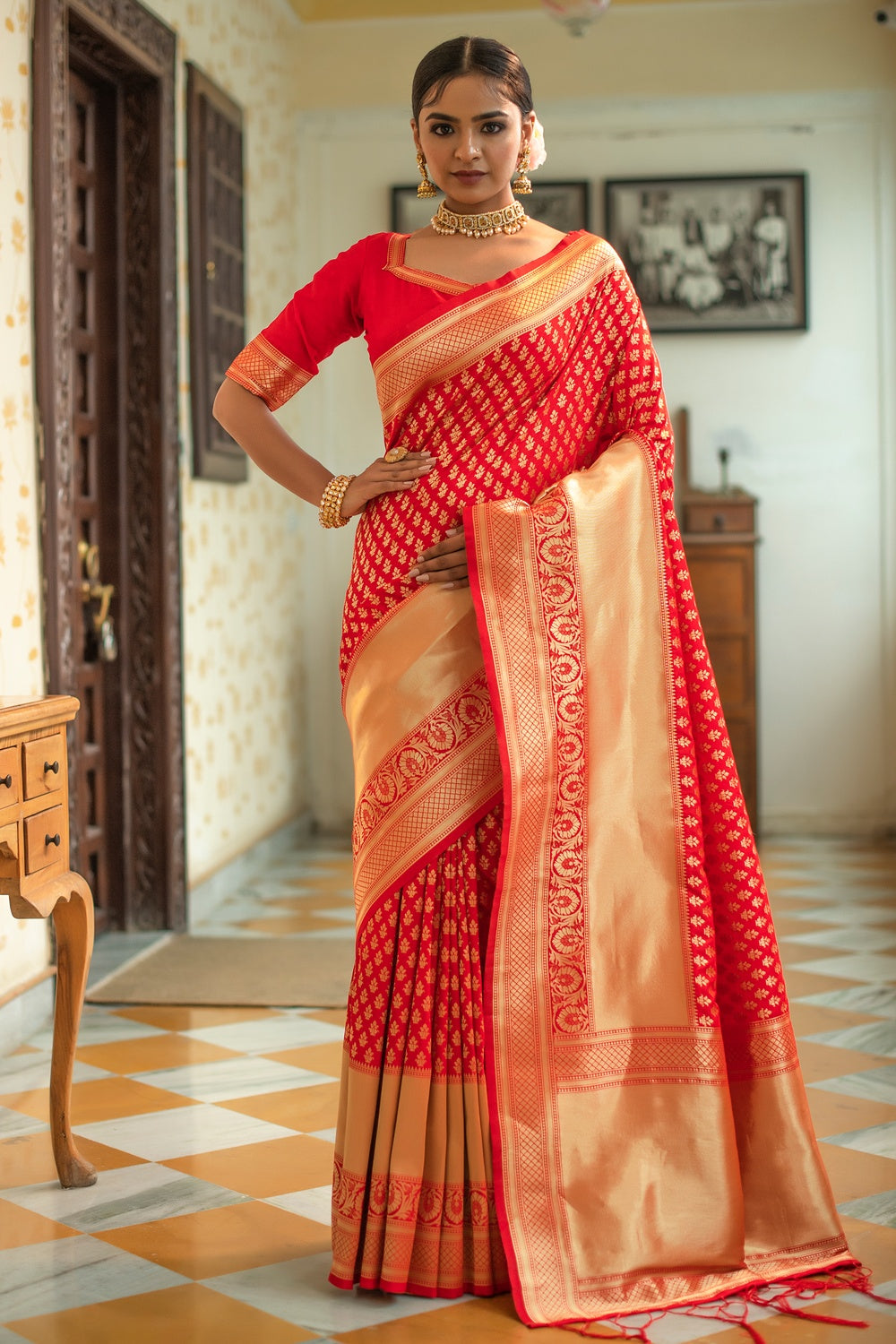 Rose Red Banarasi Silk Saree With Zari Weaving Work