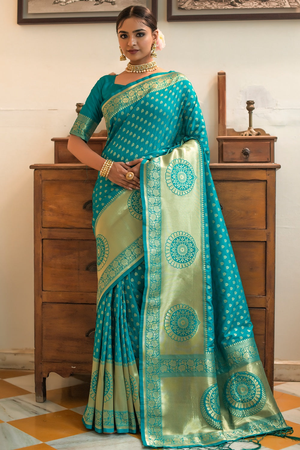 Cyan Blue Banarasi Silk Saree With Zari Weaving Work