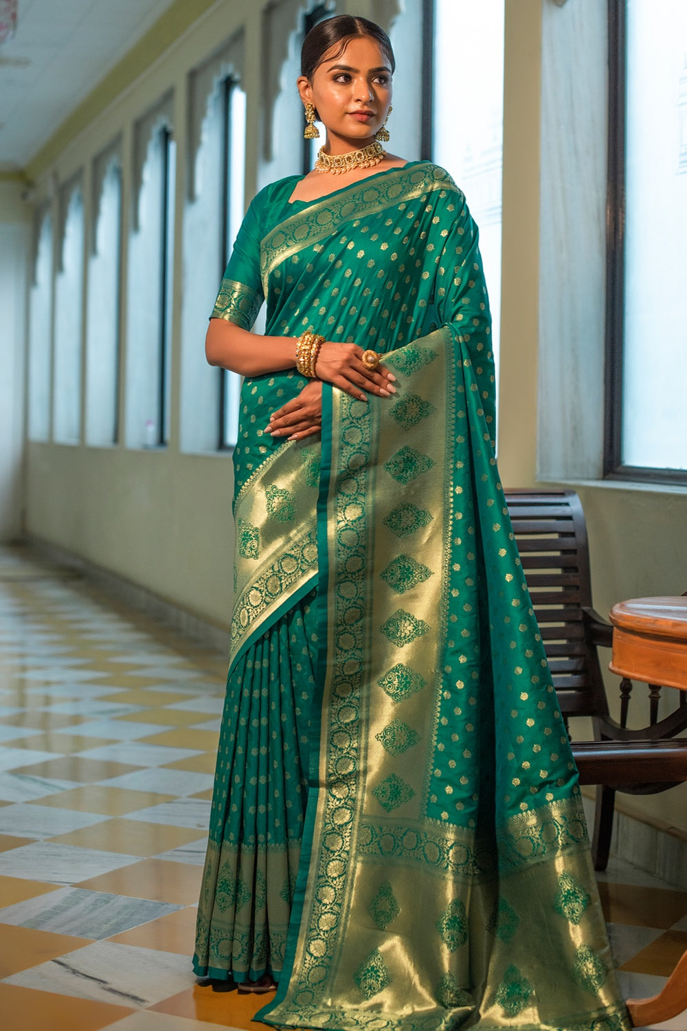 Tiffany Blue Banarasi Silk Saree With Zari Weaving Work