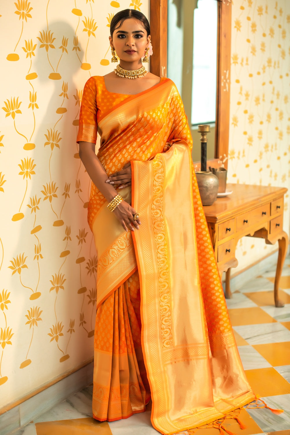Yellow Banarasi Silk Saree With Zari Weaving Work