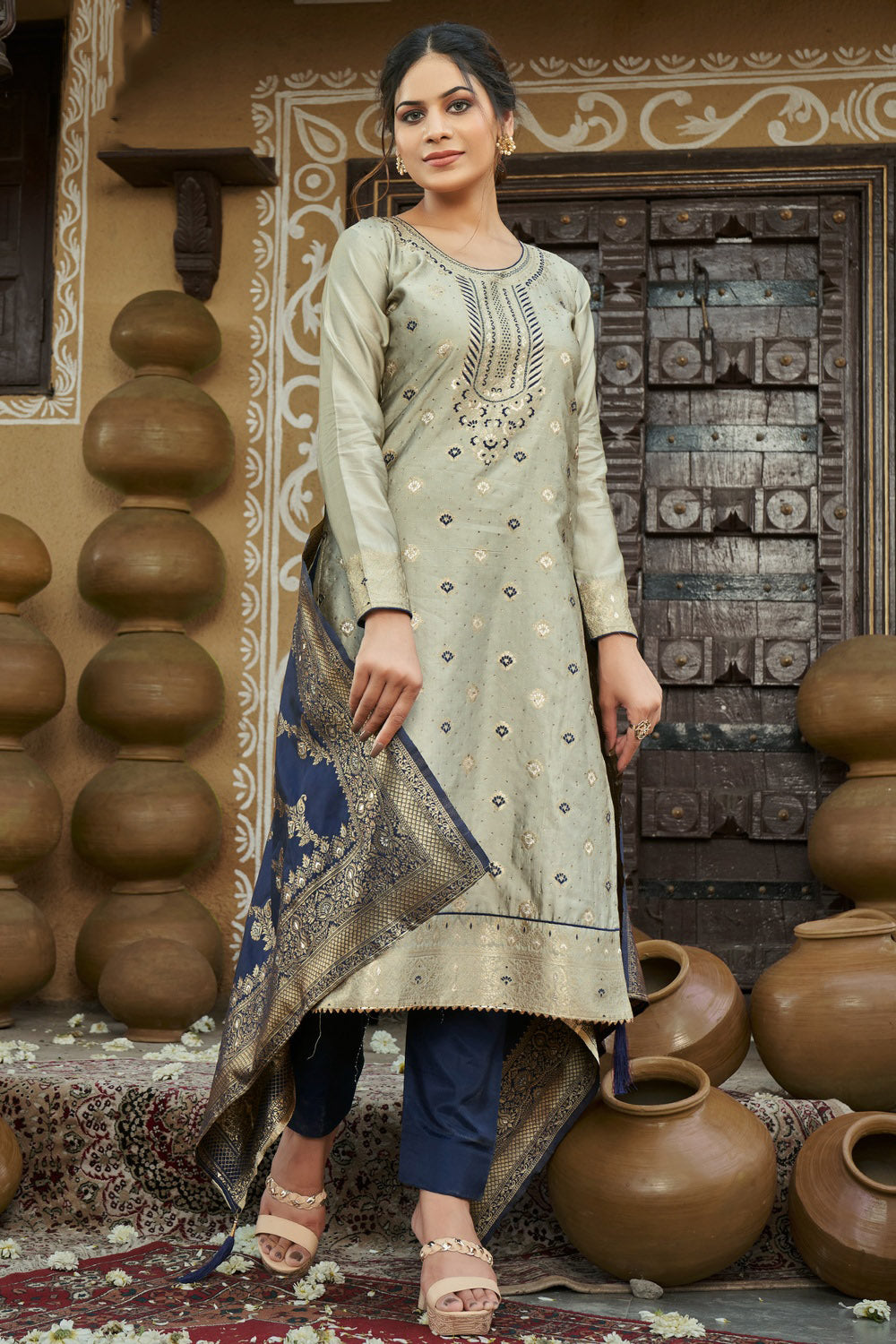 Grey Banarasi With Zari Weaving Salwar Suit