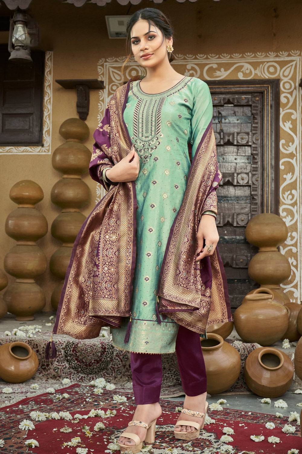 Mint Green Banarasi With Zari Weaving Salwar Suit