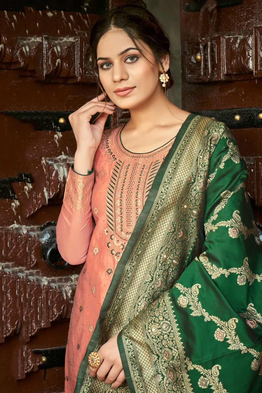 Peach Banarasi With Zari Weaving Salwar Suit