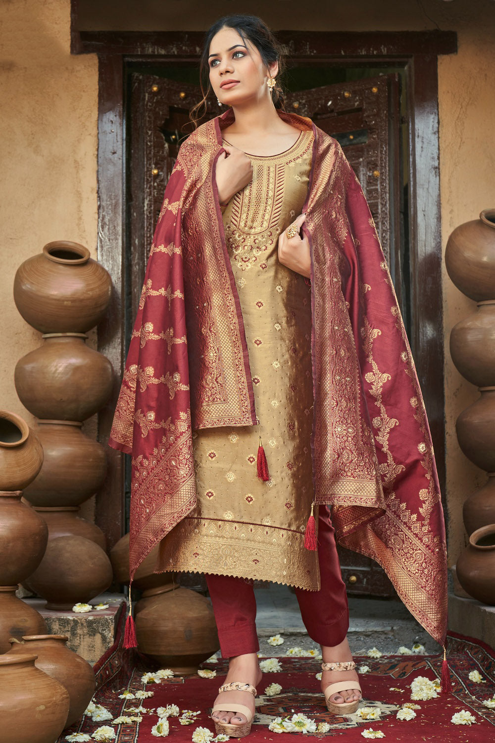 Tortilla Brown Banarasi With Zari Weaving Salwar Suit
