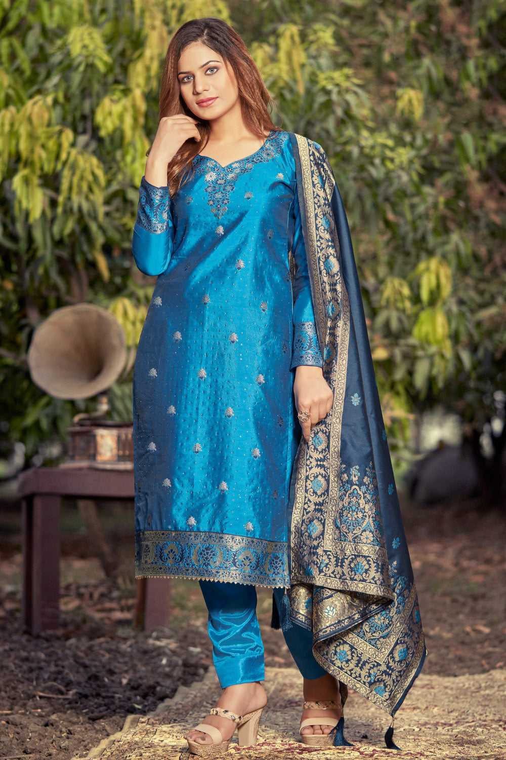 Blue Banarasi Silk With Zari Weaving Salwar Suit
