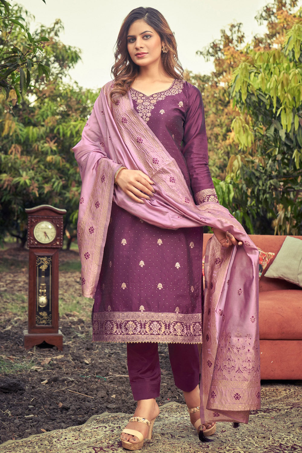 Plum Purple Banarasi Silk With Zari Weaving Salwar Suit