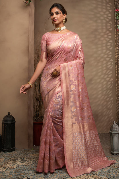 Light Pink Cotton Saree With Zari Weaving Work