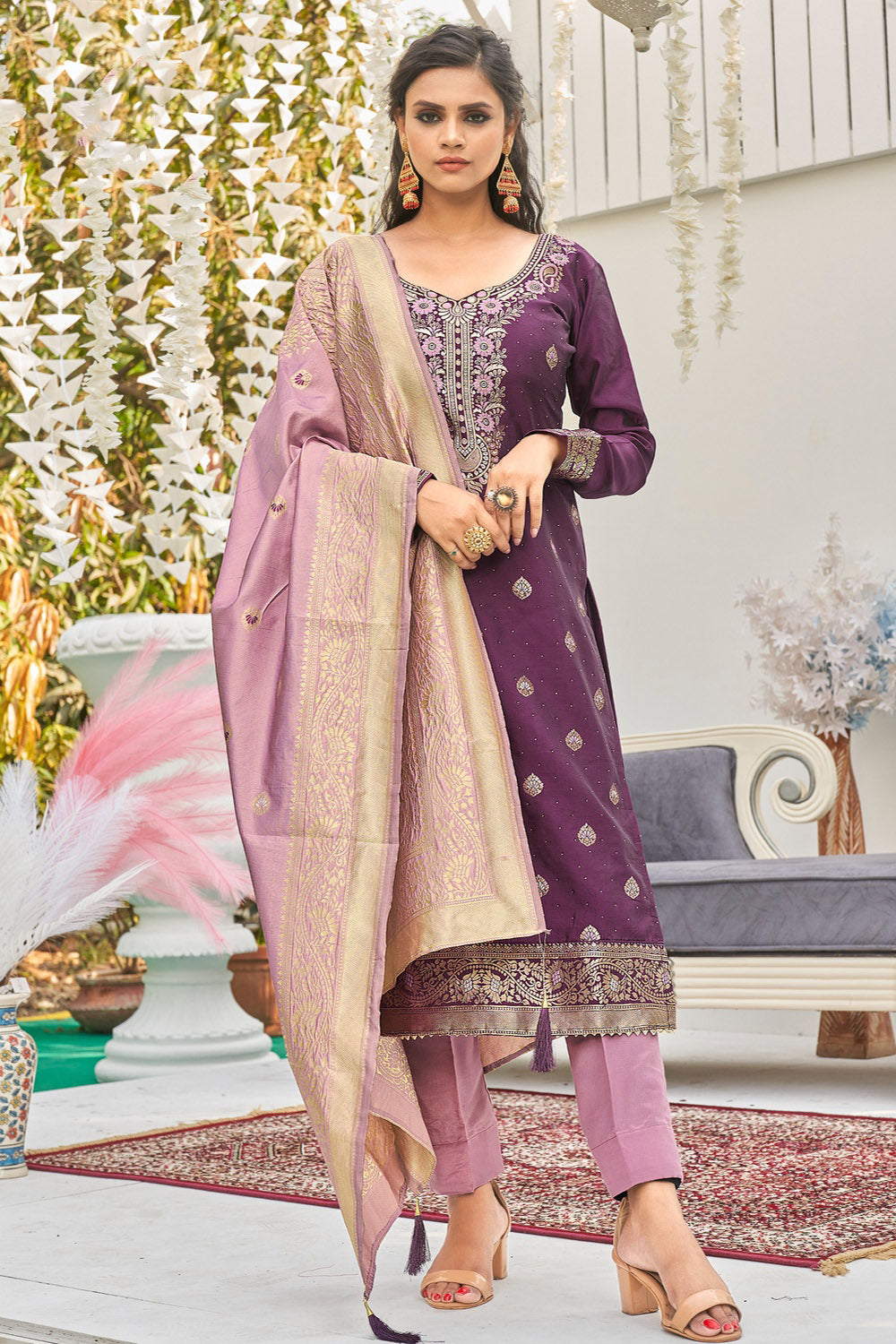 Wine Banarasi Silk With Zari Weaving Salwar Suit