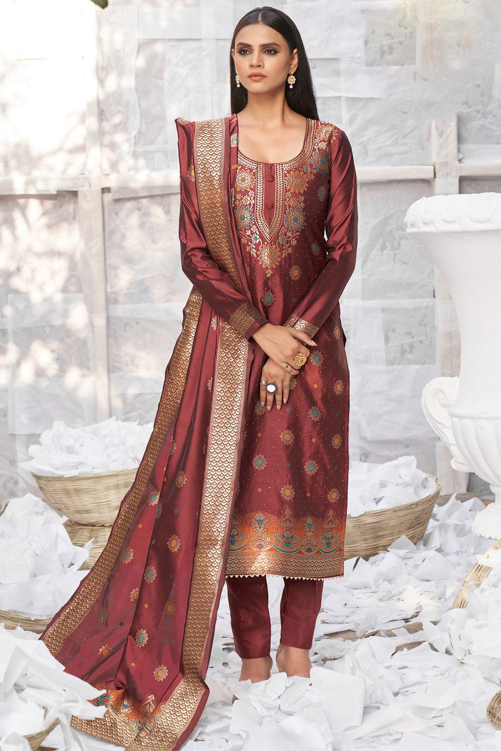 Brown Banarasi Silk With Zari Weaving Salwar Suit