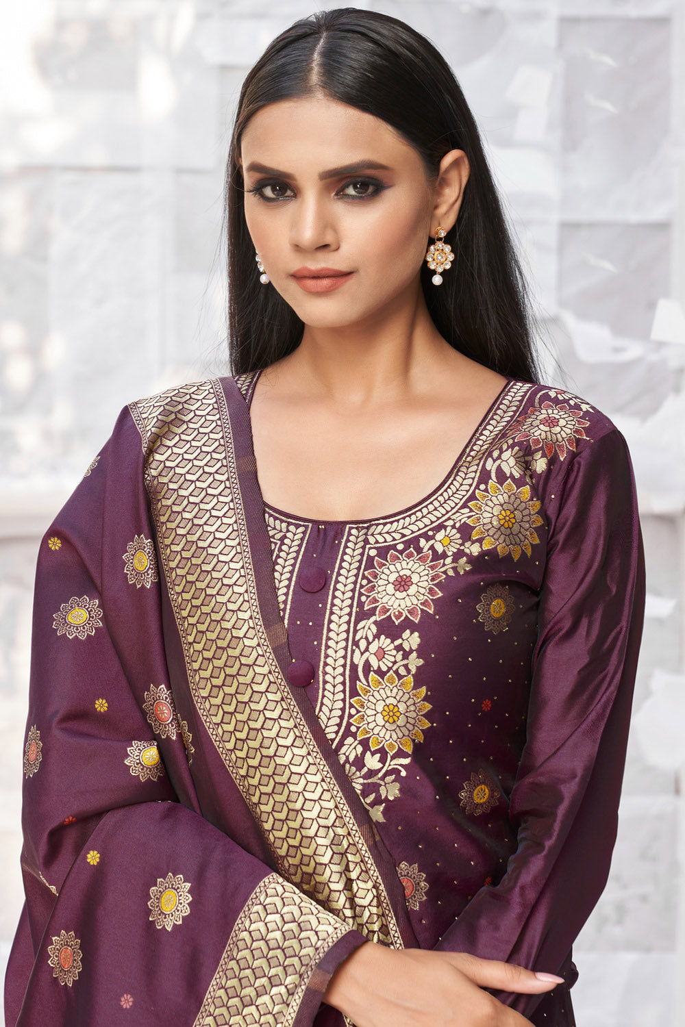 Wine Banarasi Silk With Zari Weaving Salwar Suit