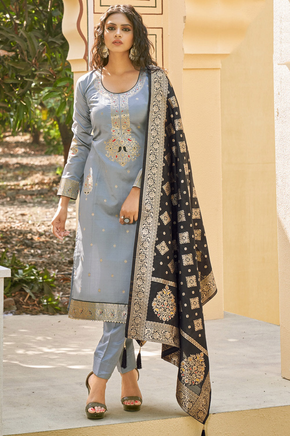 Grey Banarasi Silk With Zari Weaving Salwar Suit