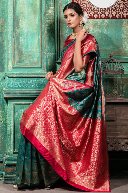 Rama Blue &amp; Pink Banarasi Silk Saree With Zari Weaving Work