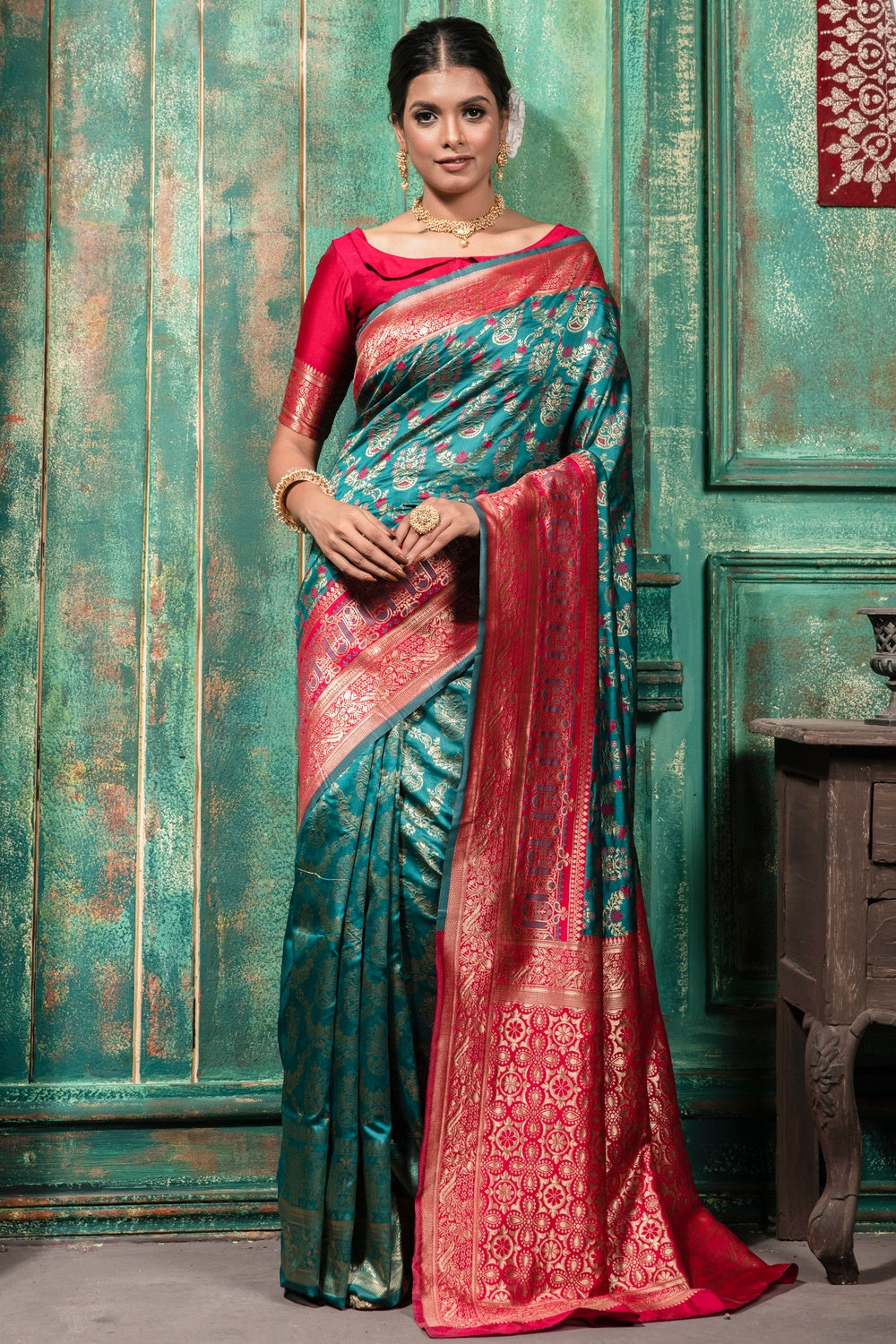 Rama Blue &amp; Pink Banarasi Silk Saree With Zari Weaving Work