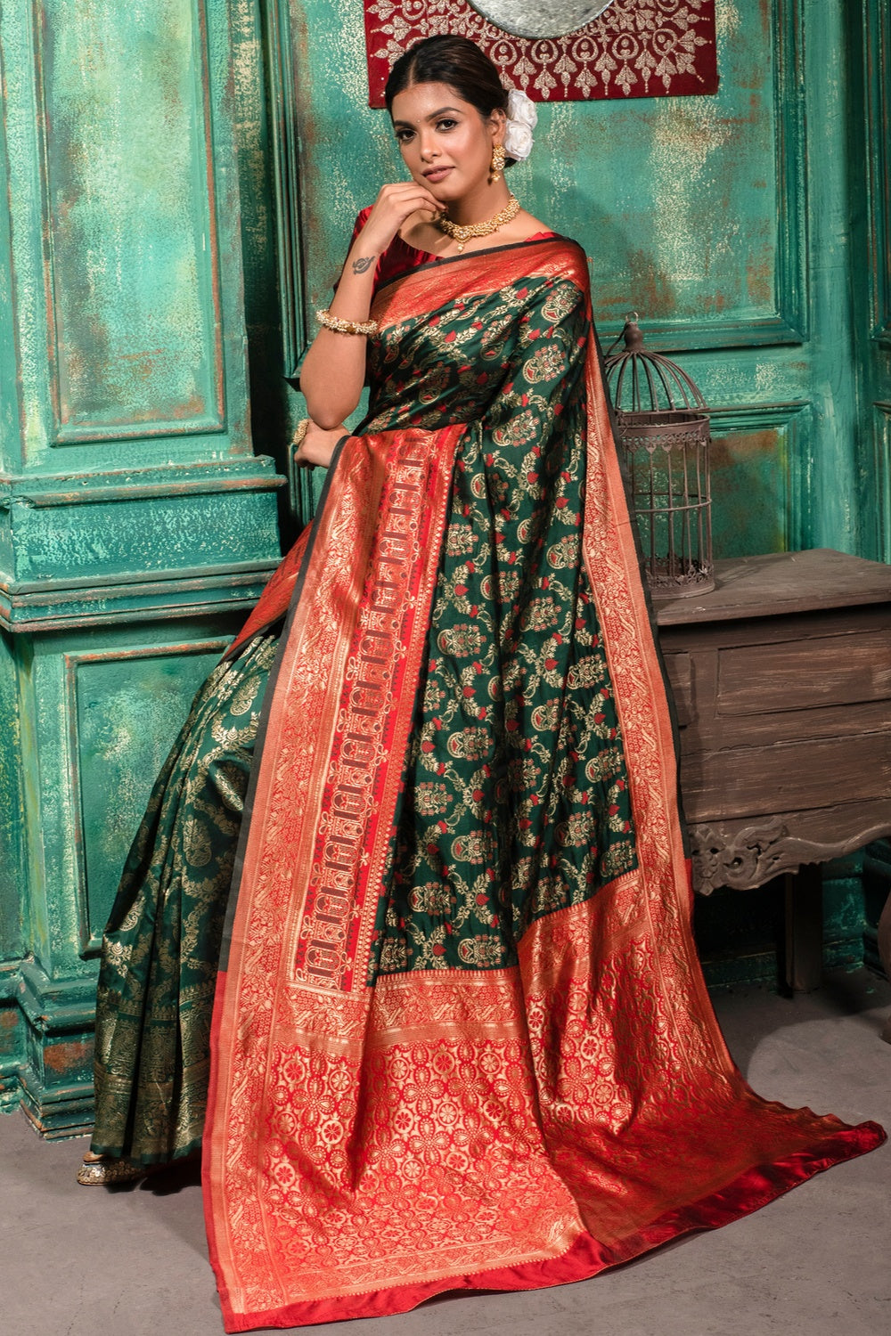 Dark Green &amp; Red Banarasi Silk Saree With Zari Weaving Work