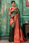 Dark Green & Red Banarasi Silk Saree With Zari Weaving Work