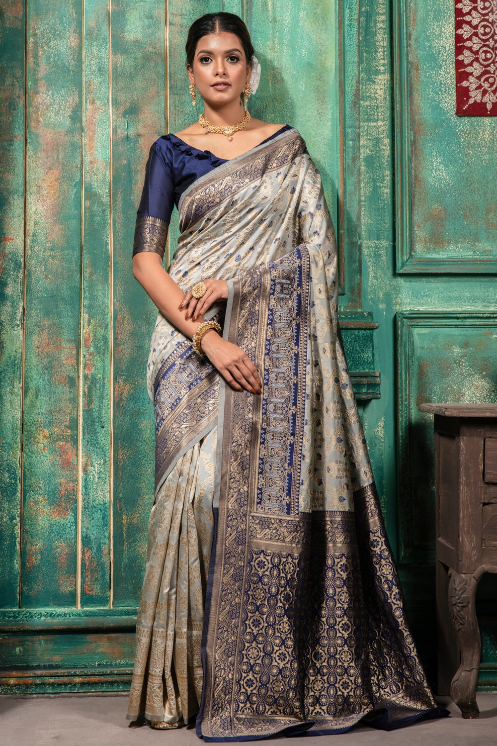 Light Grey &amp; Blue Banarasi Silk Saree With Zari Weaving Work