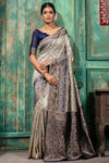 Light Grey & Blue Banarasi Silk Saree With Zari Weaving Work