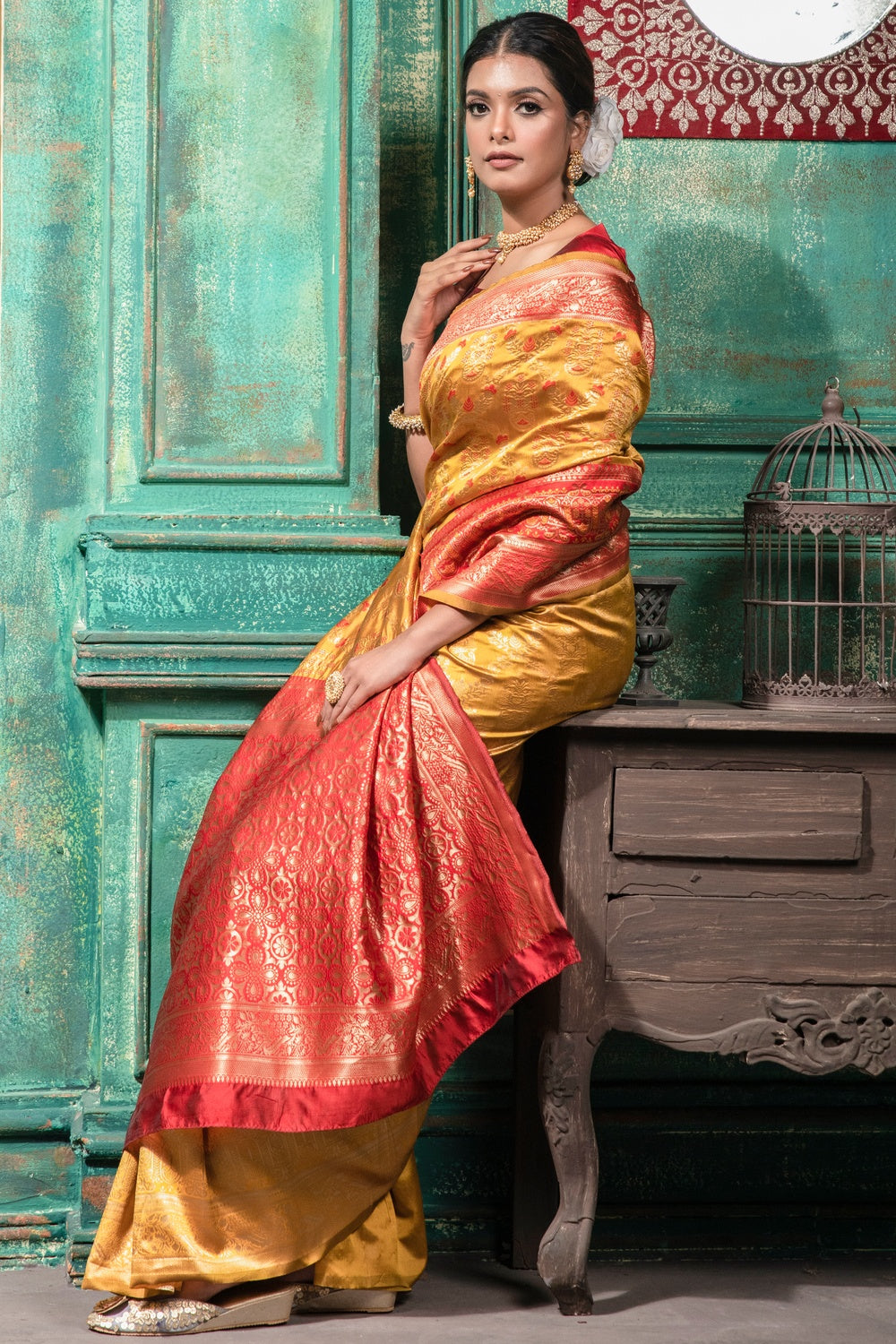 Mustard Yellow &amp; Red Banarasi Silk Saree With Zari Weaving Work