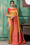 Mustard Yellow & Red Banarasi Silk Saree With Zari Weaving Work
