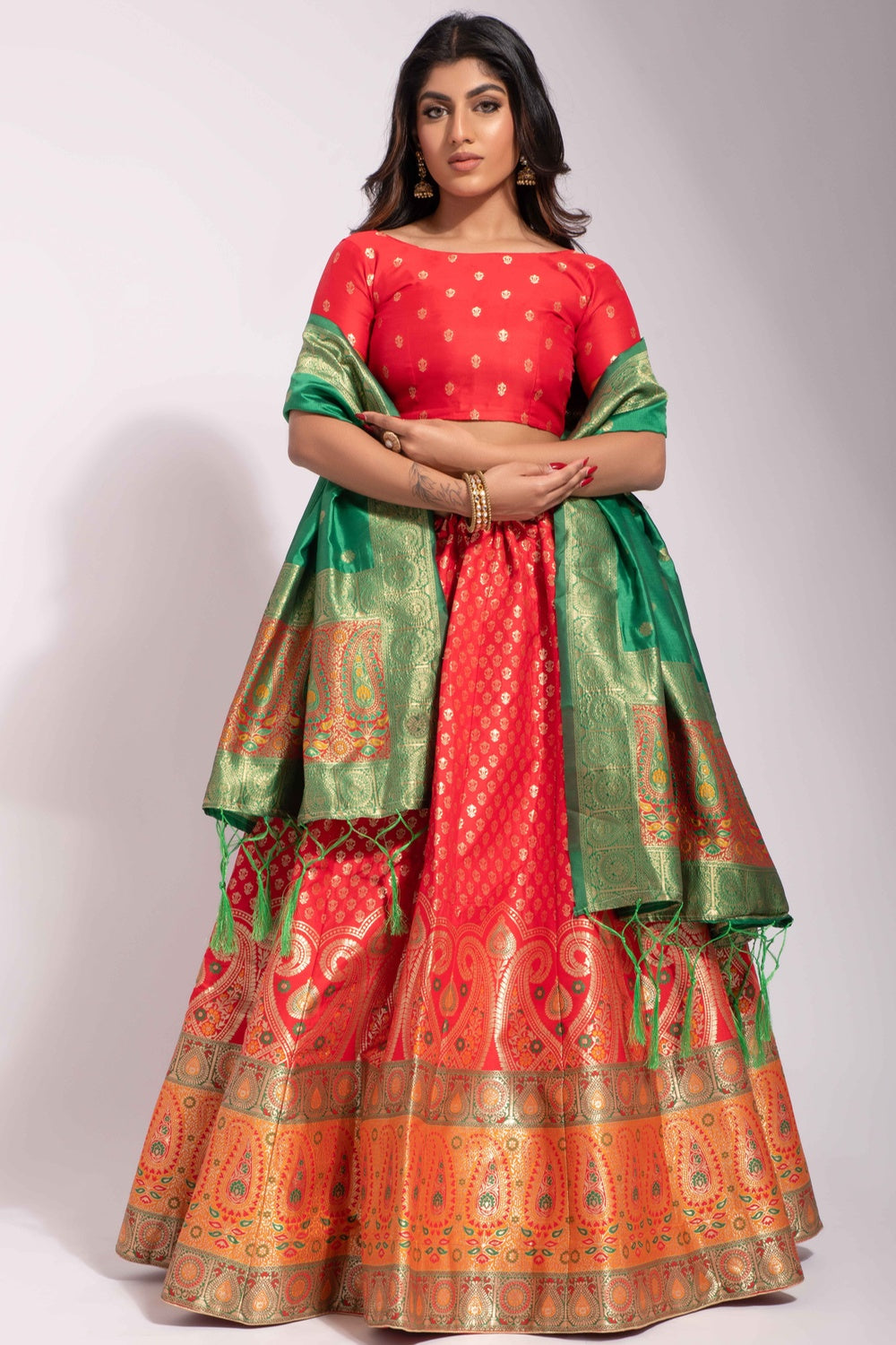 Red Banarasi Silk With Zari Weaving Lehenga Choli