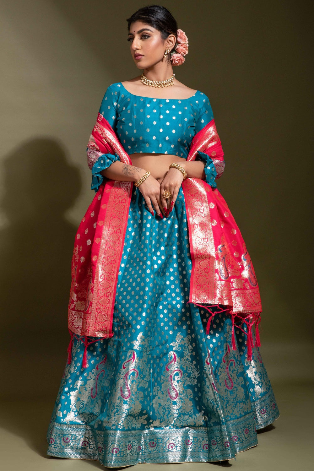 Firozi Banarasi Silk With Zari Weaving Lehenga Choli