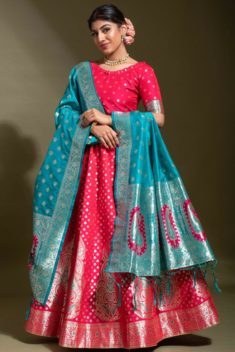 Dark Pink Banarasi Silk With Zari Weaving Lehenga Choli
