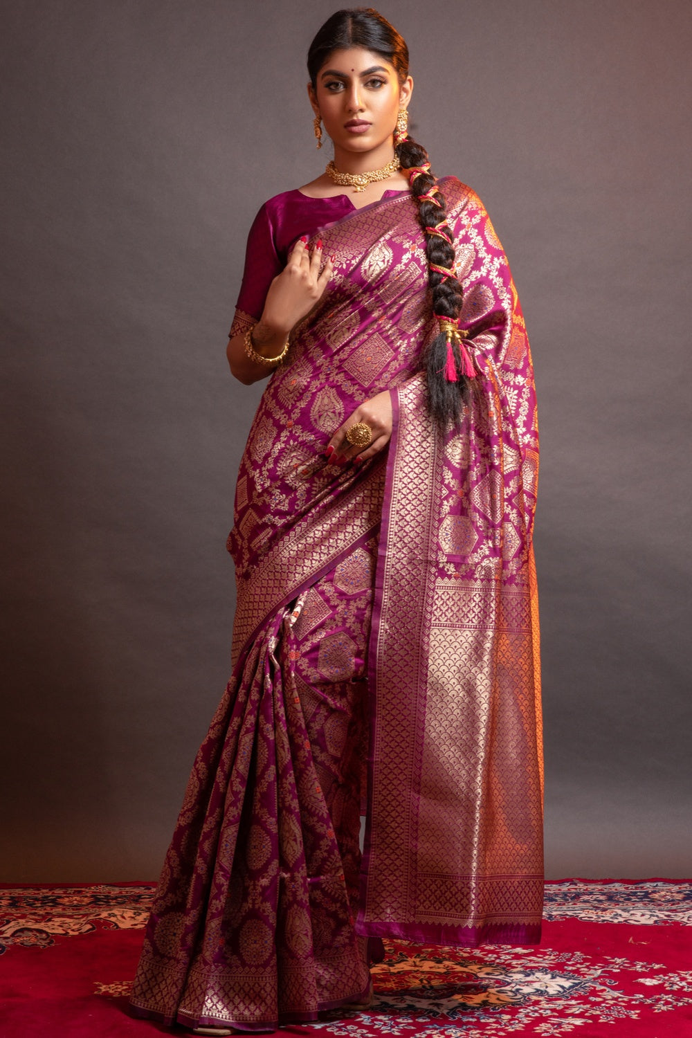 Magenta Banarasi Silk Saree With Zari Weaving Work