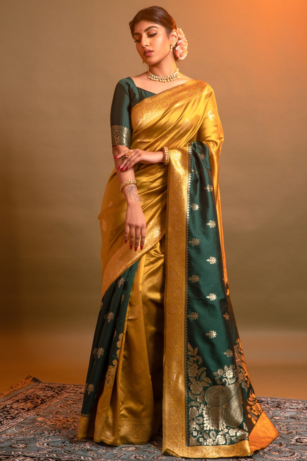 Dark Green &amp; Mustard Yellow Banarasi Silk Saree With Zari Weaving Work