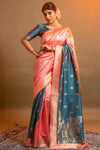 Rama Blue & Pink Banarasi Silk Saree With Zari Weaving Work