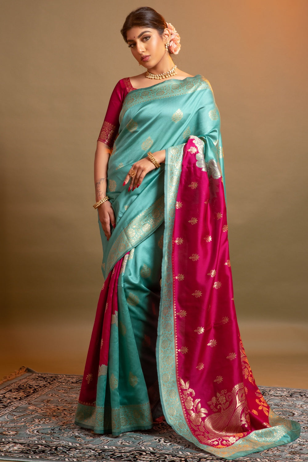 Rani Pink &amp; Light Blue Banarasi Silk Saree With Zari Weaving Work