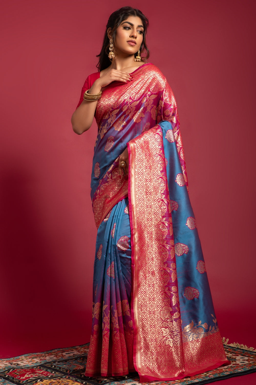 Blue &amp; Pink Banarasi Silk Saree With Zari Weaving Work