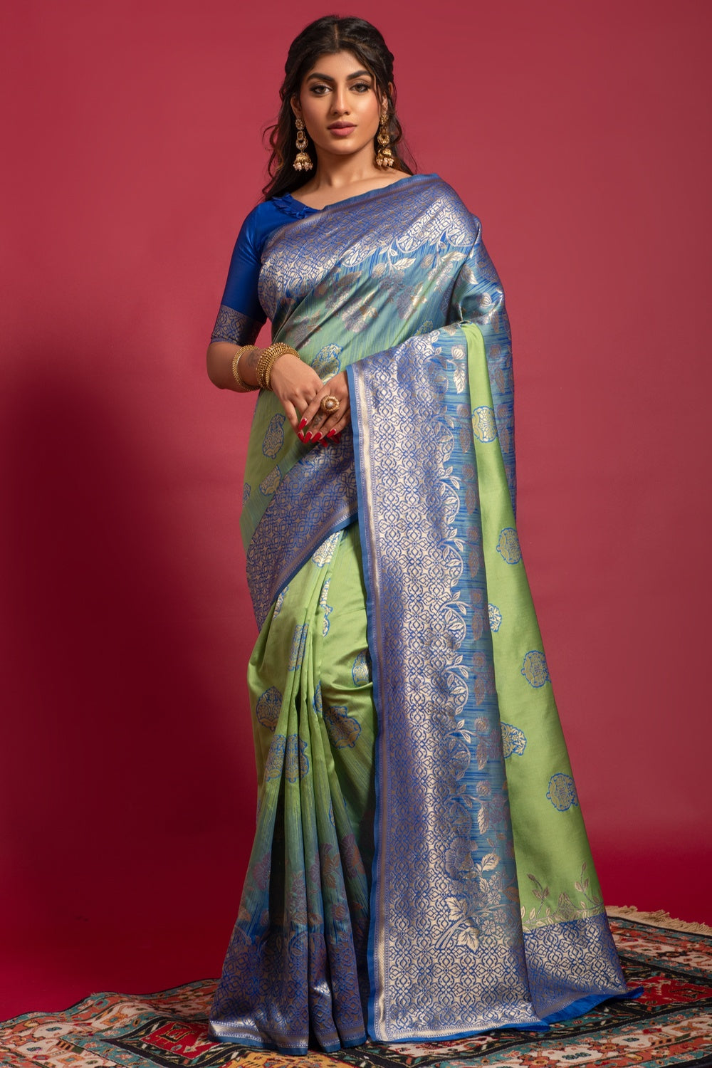 Light Green &amp; Blue Banarasi Silk Saree With Zari Weaving Work