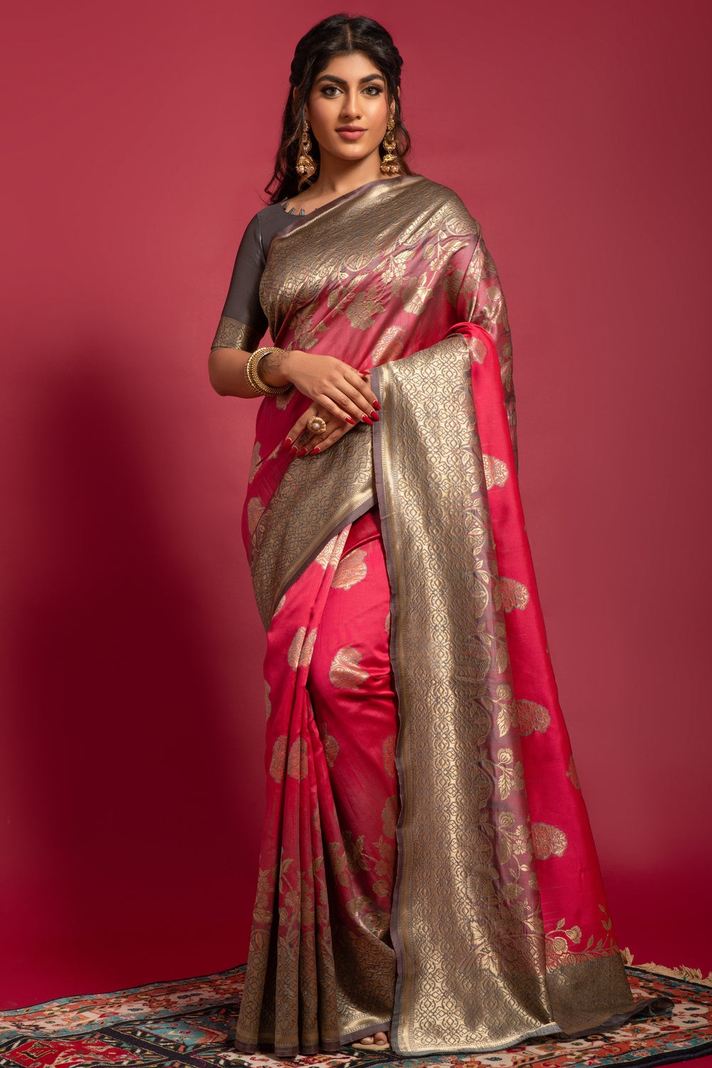 Pink &amp; Grey Banarasi Silk Saree With Zari Weaving Work