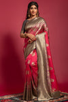 Pink & Grey Banarasi Silk Saree With Zari Weaving Work
