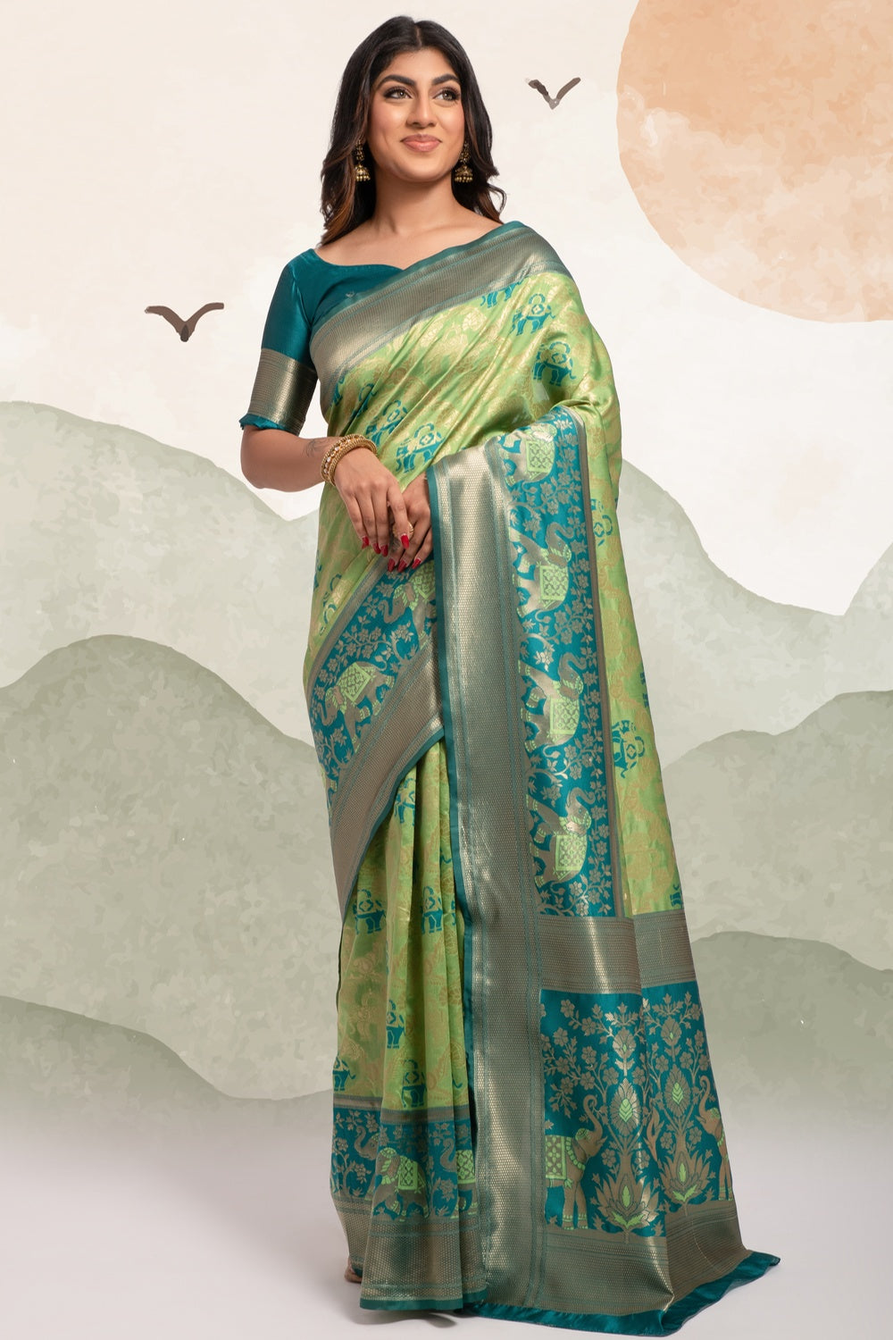 Light Green Banarasi Silk Saree With Zari Weaving Work