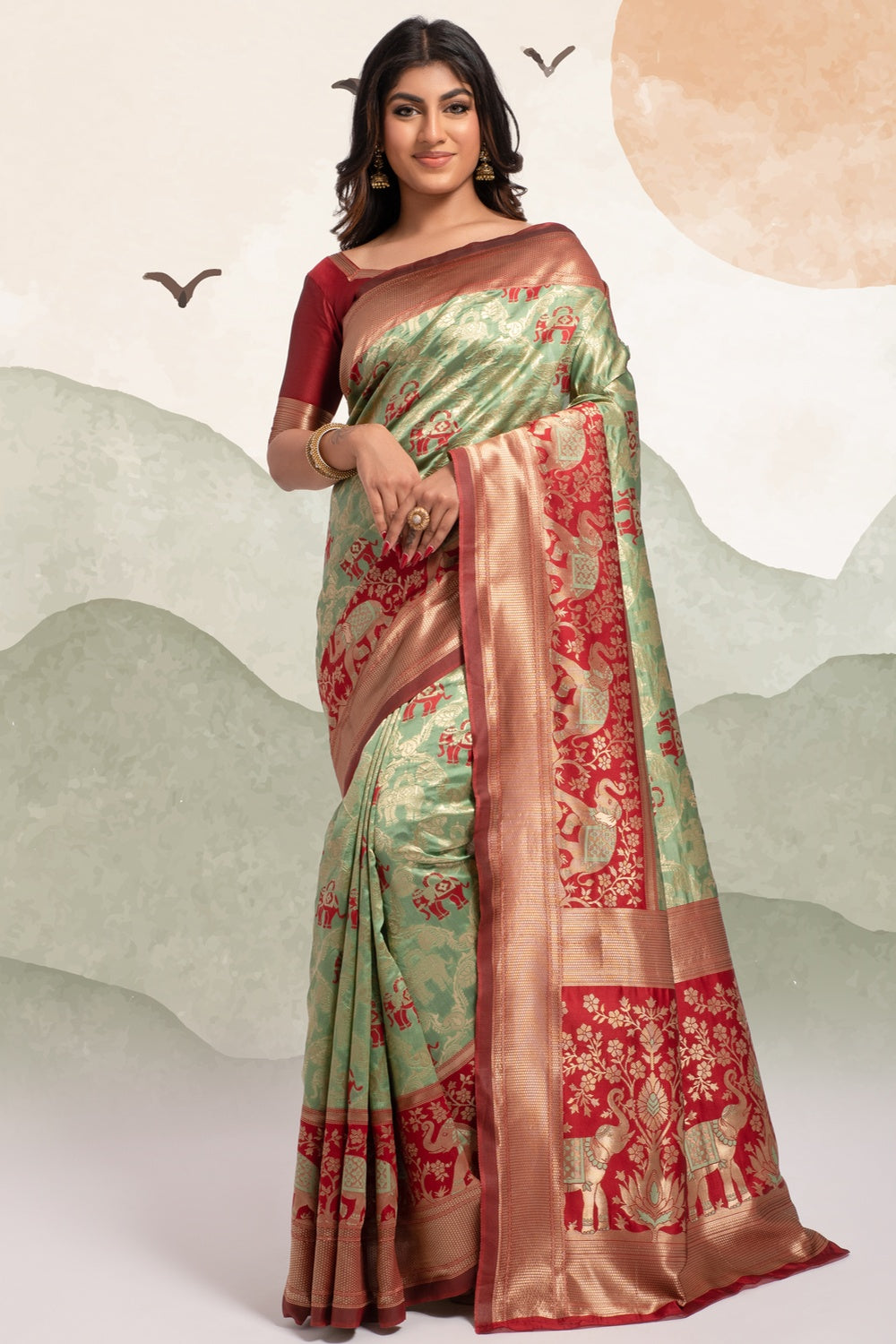 Moss Green Banarasi Silk Saree With Zari Weaving Work