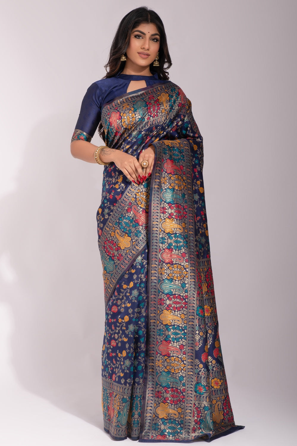 Dark Blue Banarasi Silk Saree With Zari Weaving Work