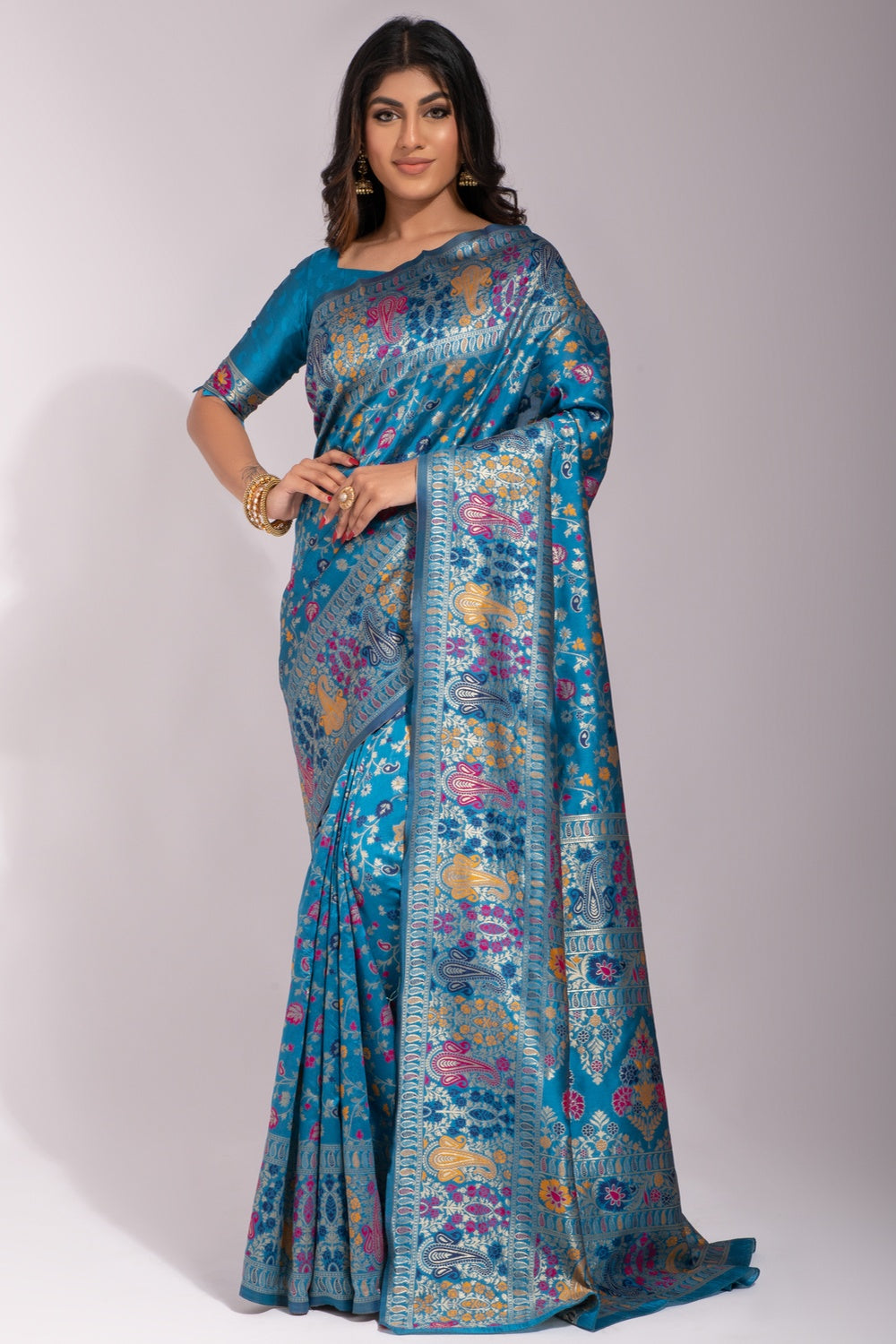 Ocean Blue Banarasi Silk Saree With Zari Weaving Work