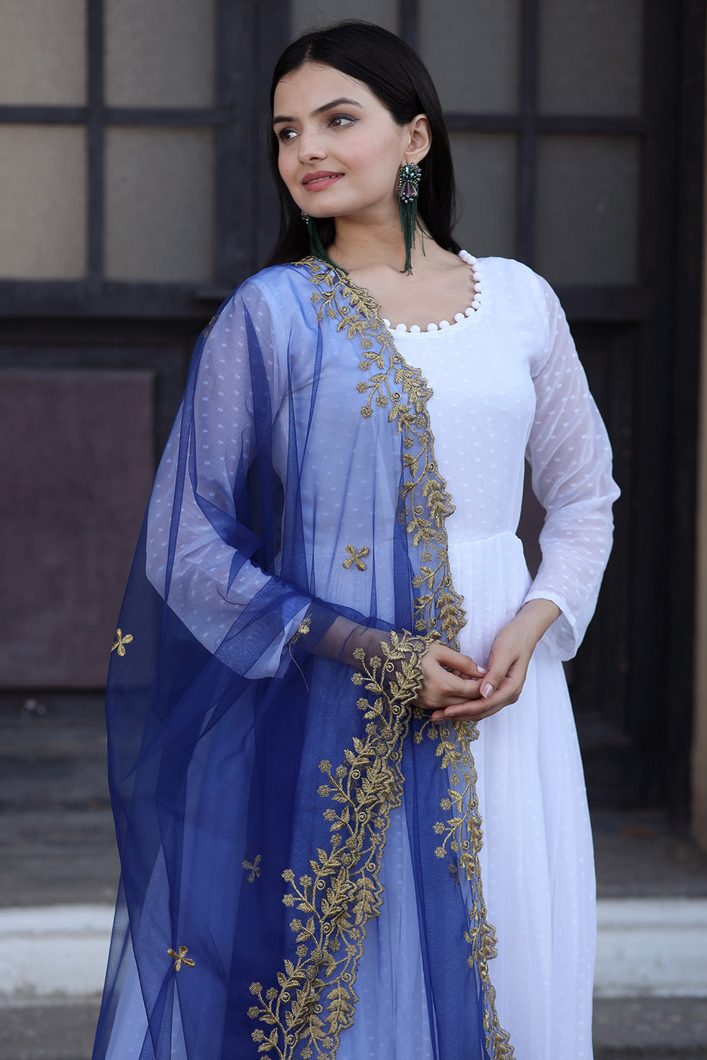 Beautiful White Faux Georgette Gown With Blue Dupatta